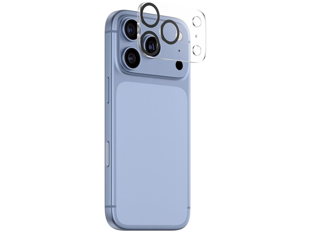 Na obrazie widoczny jest niebieski smartfon z trzema obiektywami aparatu oraz przezroczysta nakładka na obiektyw z trzema otworami. Nakładka jest uniesiona nad obiektywami, sugerując jej montaż.