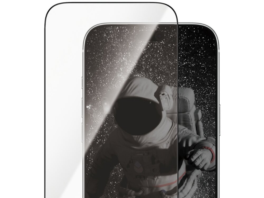 Obraz przedstawia szkło ochronne na ekranie telefonu, na którym widoczny jest astronauta na tle gwiazd. Szkło jest przezroczyste i dopasowane do kształtu ekranu.