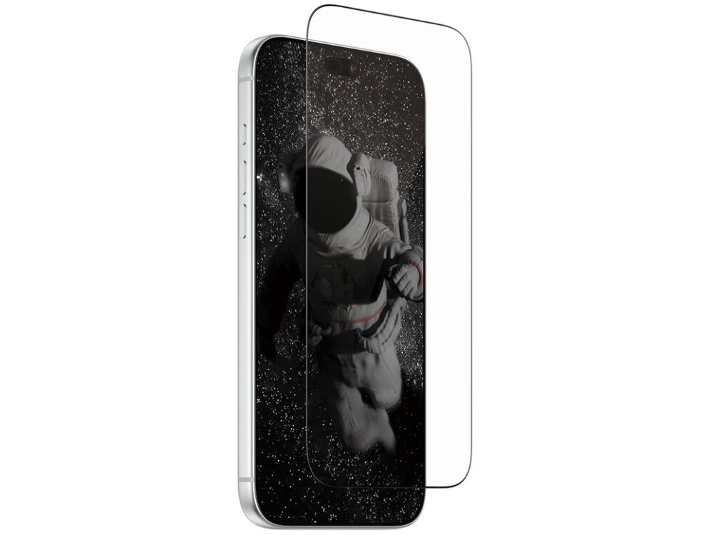 Na obrazie widoczny jest telefon z nałożonym szkłem ochronnym, na ekranie którego wyświetla się obraz astronauty w przestrzeni kosmicznej. Szkło jest przezroczyste i dopasowane do kształtu ekranu.