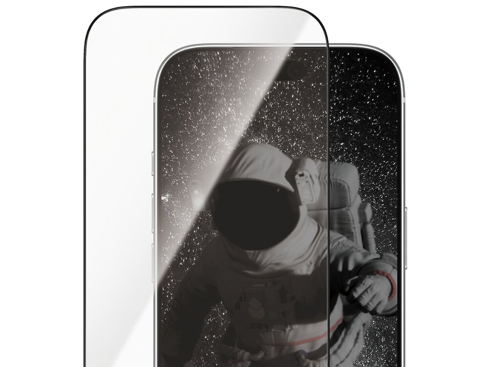 Na obrazie widoczne jest szkło ochronne na ekranie telefonu, za którym znajduje się zdjęcie astronauty w przestrzeni kosmicznej. Tło jest ciemne z licznymi jasnymi punktami przypominającymi gwiazdy.