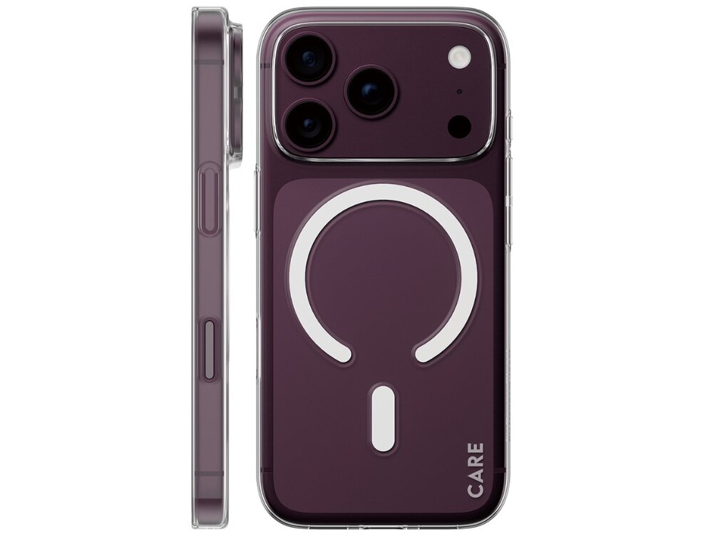Obraz przedstawia przezroczyste etui na telefon z widocznym okrągłym wzorem MagSafe i napisem \'CARE\' na dole. Etui jest zamontowane na ciemnofioletowym telefonie z trzema aparatami.