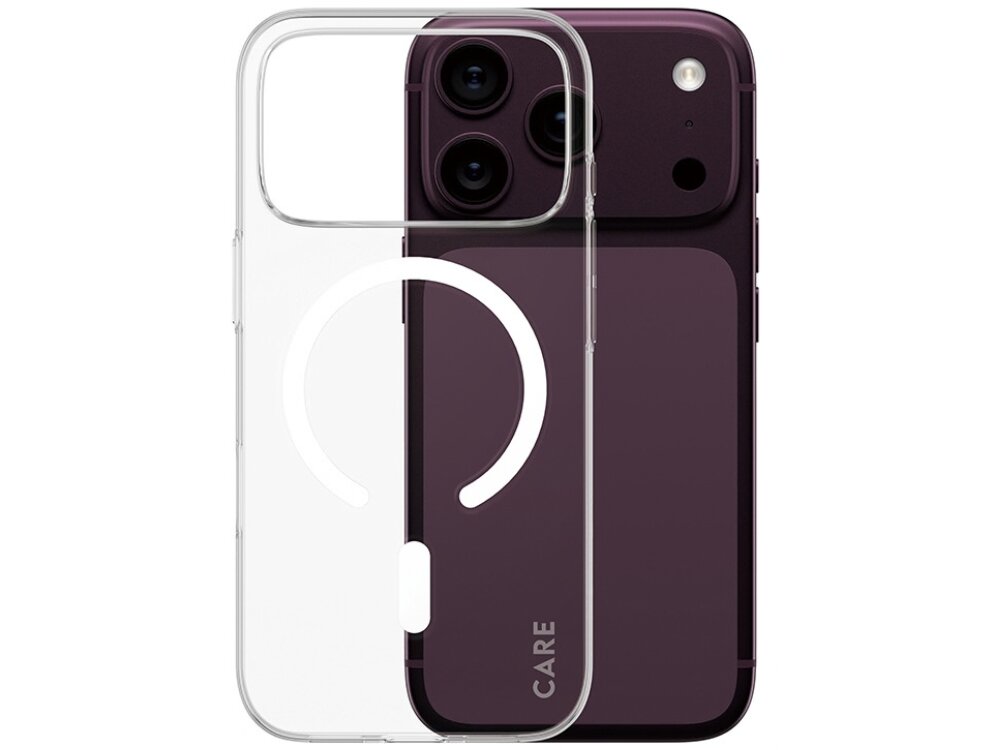 Przezroczyste etui z napisem \'CARE\' nałożone na ciemnofioletowy smartfon z trzema aparatami i lampą błyskową.