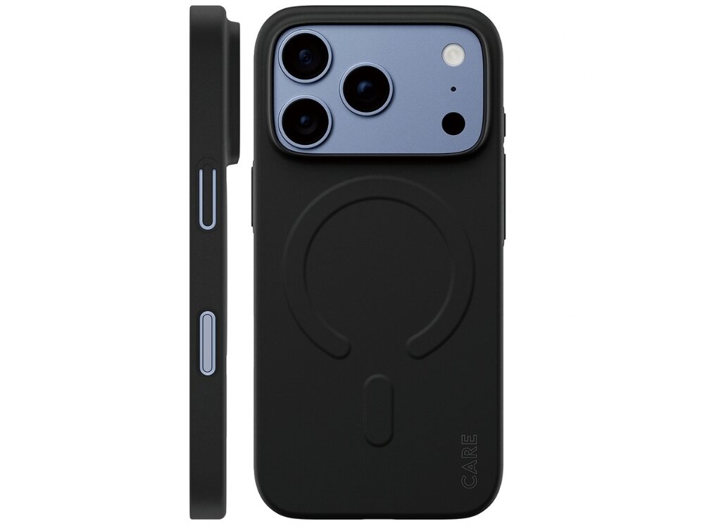 Czarne etui z okrągłym wzorem na tylnej części, przeznaczone do telefonu z trzema obiektywami aparatu. Na etui widoczny jest napis \'CARE\'.
