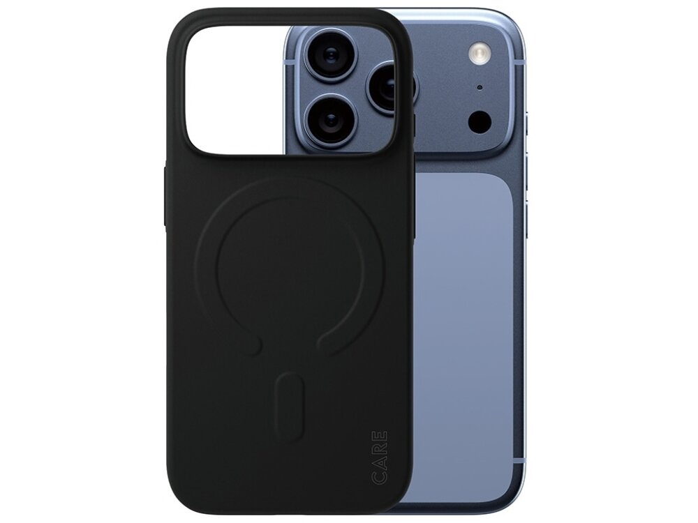 Czarne etui z wycięciem na aparat, widoczne na tle telefonu z trzema obiektywami. Na etui znajduje się napis \'CARE\'.