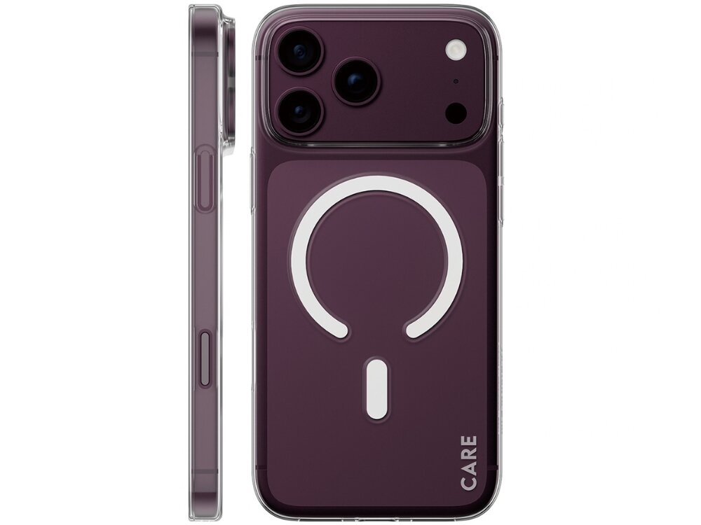 Obraz przedstawia przezroczyste etui na telefon z widocznym okrągłym wzorem i napisem \'CARE\' na dole. Etui jest pokazane z dwóch perspektyw: z boku i z tyłu, z trzema otworami na aparaty.