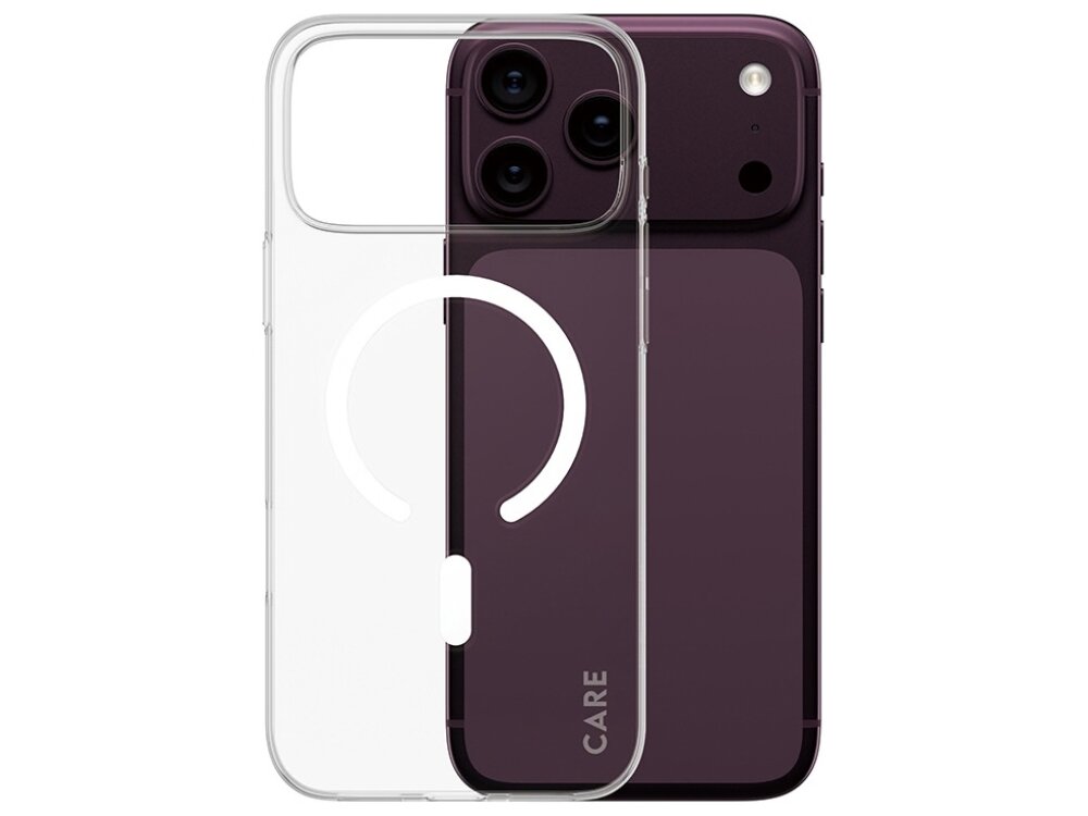 Przezroczyste etui z okrągłym wzorem na tylnej części, umieszczone na ciemnym telefonie z trzema widocznymi obiektywami aparatu. Na telefonie widoczny jest napis \'CARE\'.