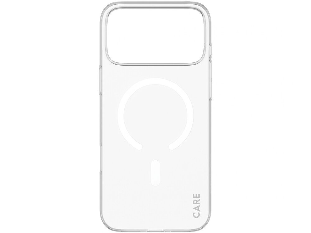 Przezroczyste etui z okrągłym wzorem i napisem \'CARE\' w dolnej części. Etui ma duży otwór na aparat w górnej części.