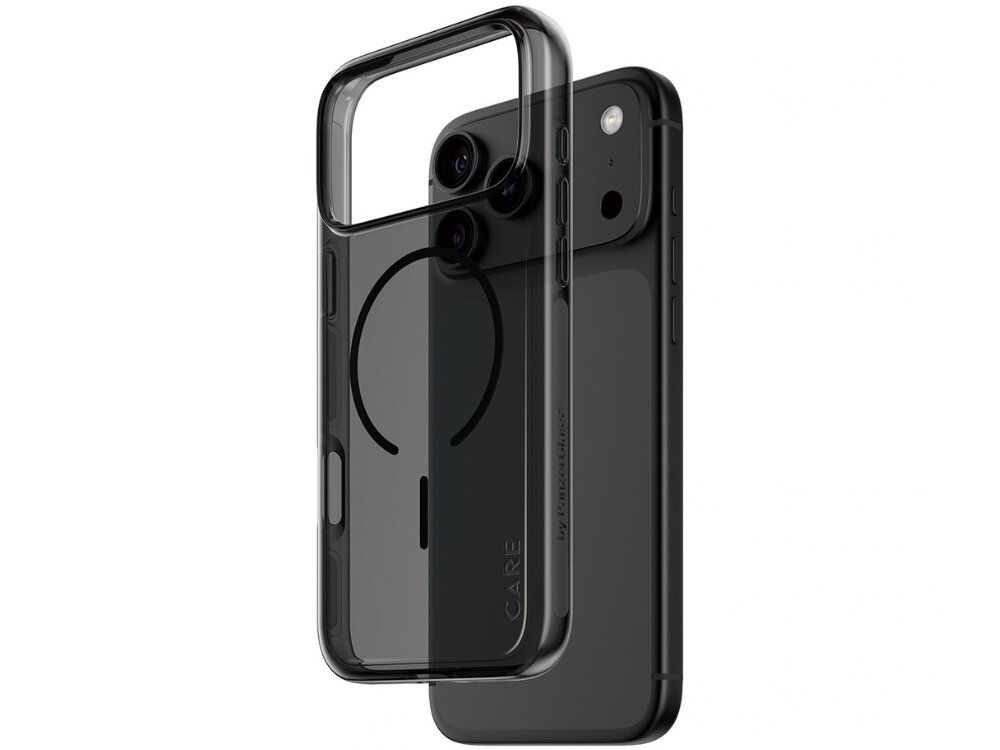 Przezroczyste etui z czarnymi elementami, przeznaczone do telefonu, z widocznym okręgiem na środku i napisem \'CARE\' na boku. W tle znajduje się czarny telefon z dwoma obiektywami aparatu.