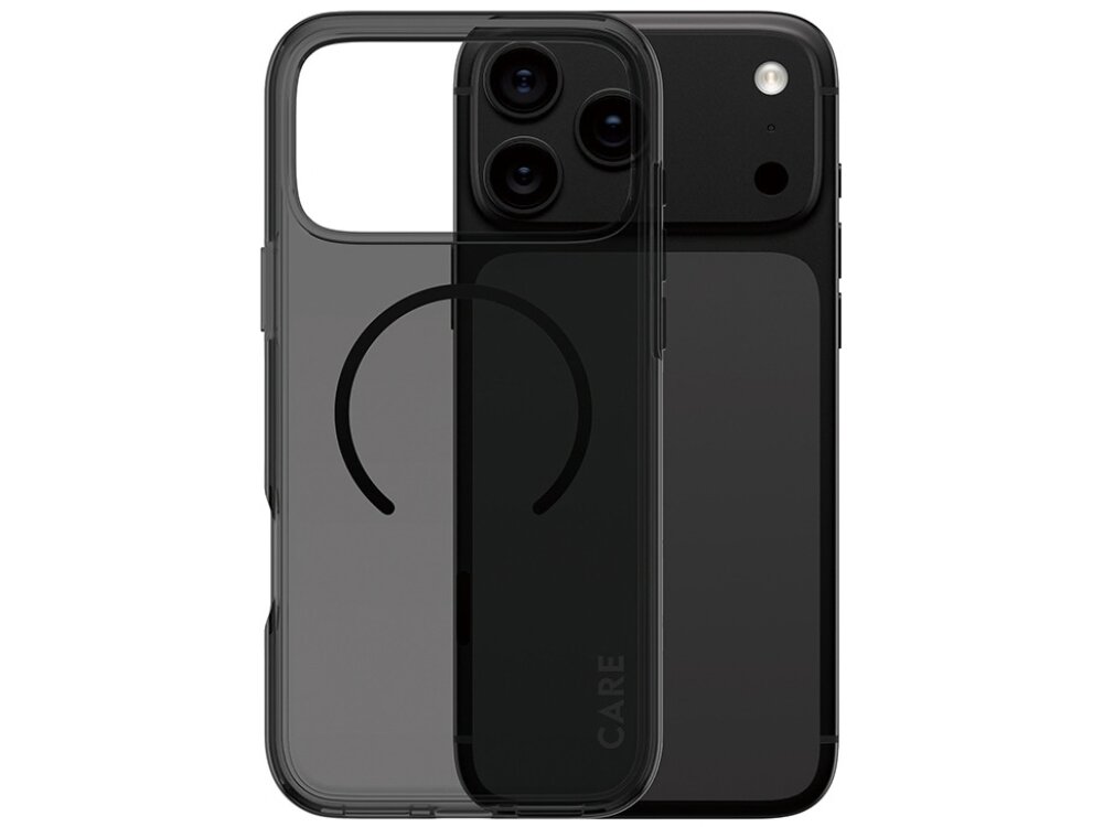 Przezroczyste etui z czarnym obramowaniem i okrągłym wzorem na środku, przeznaczone na smartfon z trzema obiektywami aparatu. Na etui widoczny jest napis \'CARE\'.