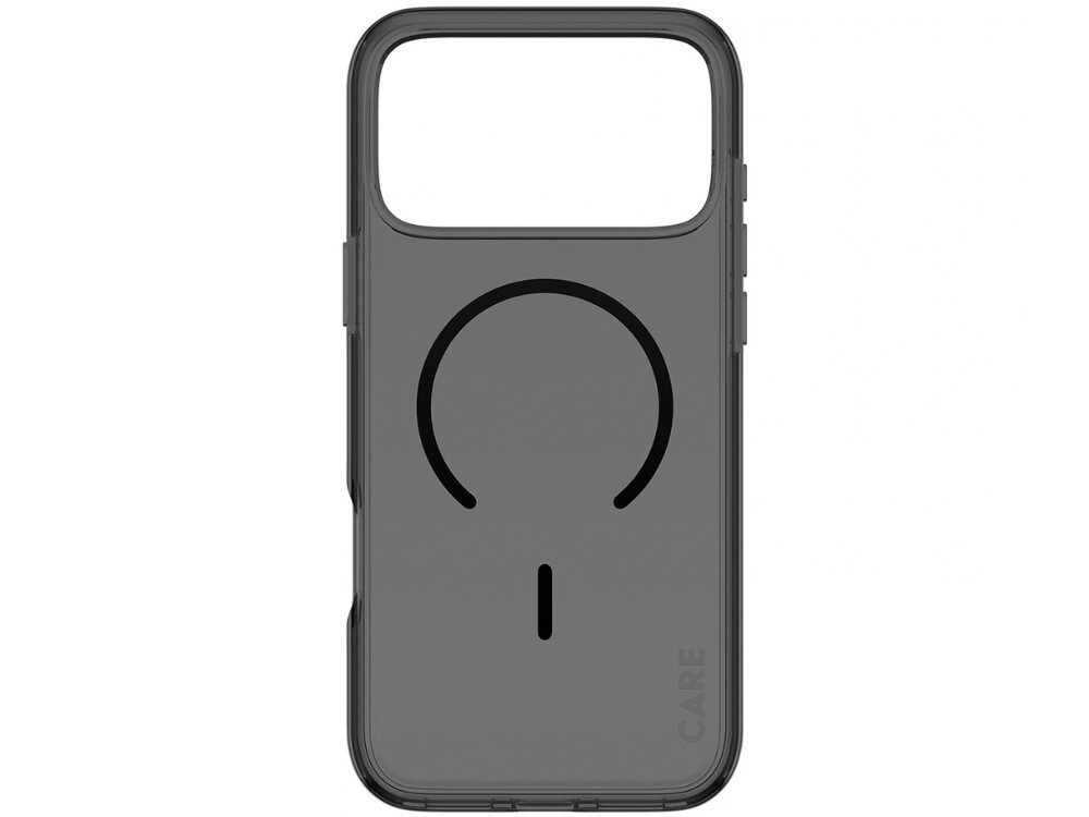 Czarne etui z przezroczystym tyłem, posiada okrągły wzór i napis \'CARE\' na dole. Przeznaczone do telefonu z dużym wycięciem na aparat.