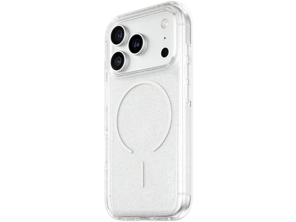 Przezroczyste etui na telefon z trzema widocznymi obiektywami aparatu i okrągłym wzorem na tylnej części. Na etui widoczne jest logo \'CARE\'.