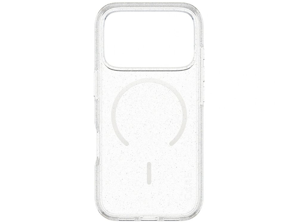 Przezroczyste etui z okrągłym wzorem na środku, przeznaczone do telefonu. Etui ma wycięcie na aparat fotograficzny u góry.