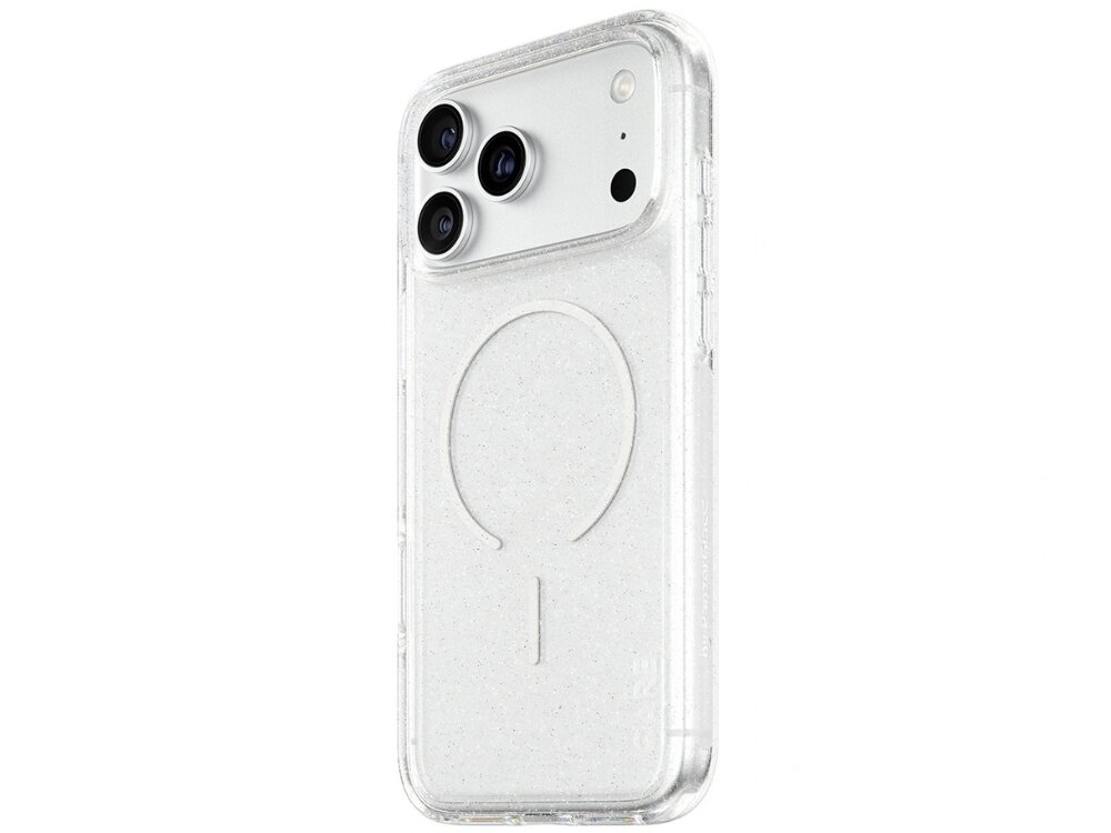 Przezroczyste etui na telefon z trzema widocznymi aparatami i okrągłym wzorem na tylnej części. Etui ma subtelne logo producenta na dole.