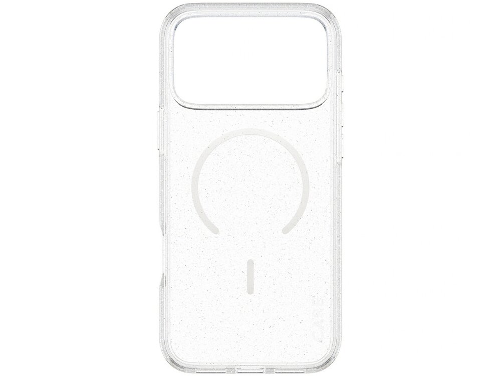Przezroczyste etui z okrągłym wzorem na środku, przeznaczone do telefonu. Widoczne są drobne, ciemne kropki na powierzchni etui.