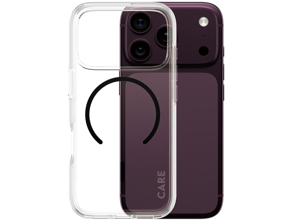 Przezroczyste etui z czarnym okręgiem na tylnej części, nałożone na ciemnofioletowy telefon z trzema aparatami. Na etui widoczny jest napis \'CARE\'.
