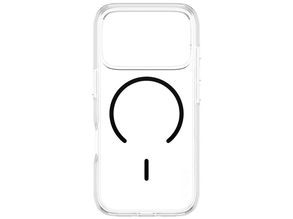 Przezroczyste etui z czarnym okrągłym wzorem i pionową linią na środku. Etui ma wycięcie na aparat w górnej części.