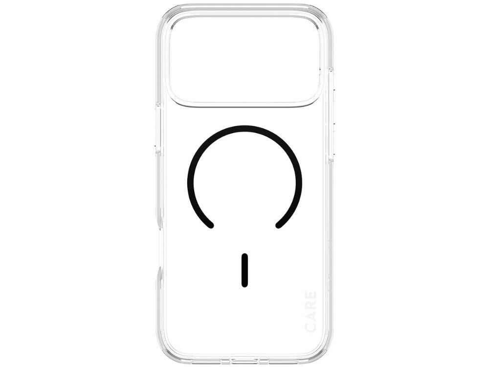Przezroczyste etui z czarnym okrągłym wzorem i napisem \'CARE\' na dolnej krawędzi. Etui ma wycięcie na aparat w górnej części.