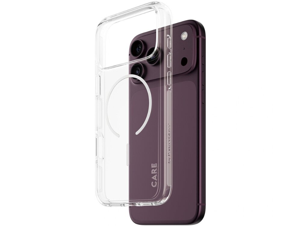 Przezroczyste etui z napisem \'CARE\' i okrągłym wzorem MagSafe jest pokazane obok fioletowego telefonu z trzema aparatami. Na etui widoczny jest napis \'by PanzerGlass\'.