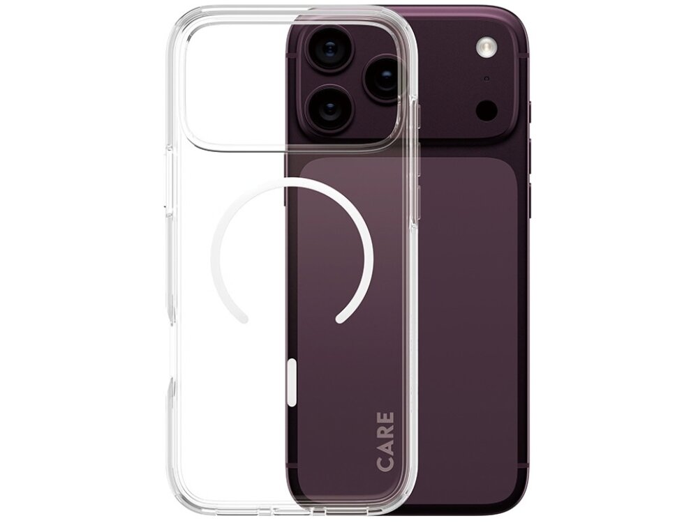Przezroczyste etui z okrągłym wzorem na tylnej części, obok telefonu z trzema aparatami i napisem \'CARE\'.