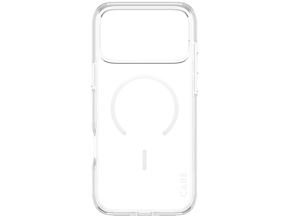 Przezroczyste etui z okrągłym wzorem i napisem \'CARE\' na dolnej części. Etui jest przeznaczone do telefonu iPhone z funkcją MagSafe.