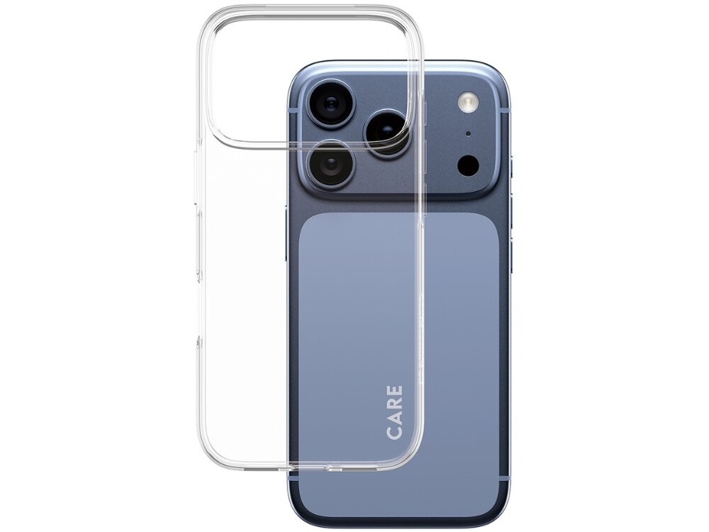 Przezroczyste etui na telefon z trzema wycięciami na aparaty, obok niebieskiego telefonu z napisem \'CARE\' na obudowie.