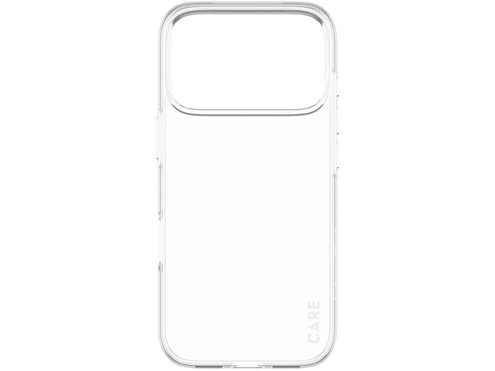 Przezroczyste etui na telefon z dużym wycięciem na aparat i napisem \'CARE\' w dolnej części.