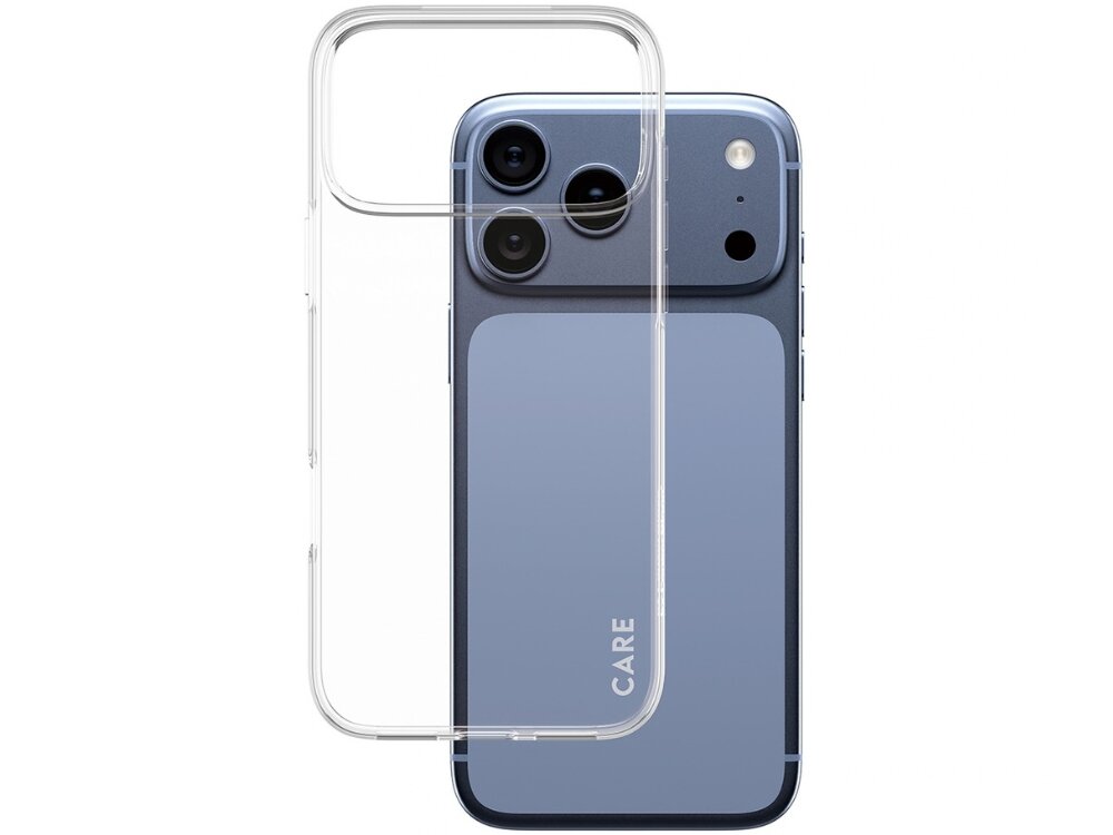 Przezroczyste etui na telefon z trzema wycięciami na aparaty, widoczne na tle niebieskiego telefonu z napisem \'CARE\'.