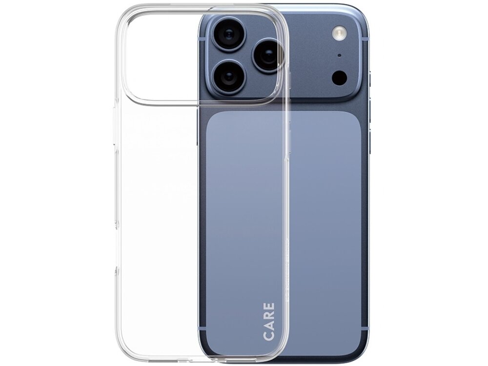 Przezroczyste etui na telefon z widocznym napisem \'CARE\', obok telefonu z trzema aparatami i niebieską obudową.