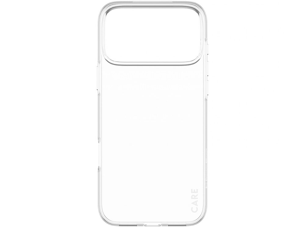Przezroczyste etui na telefon z dużym wycięciem na aparat i napisem \'CARE\' na boku.