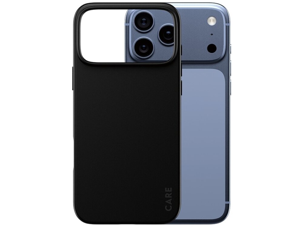 Czarne etui z napisem \'CARE\' obok smartfona z trzema widocznymi obiektywami aparatu.