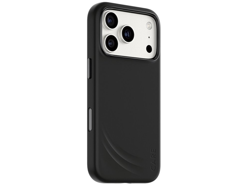 Czarne etui na telefon z trzema widocznymi obiektywami aparatu i napisem \'CARE\' na dole. Etui ma gładką powierzchnię z delikatnym wzorem w dolnej części.