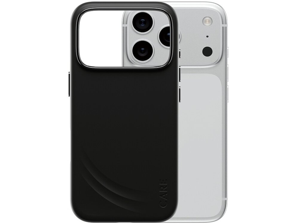 Czarne etui z dużym wycięciem na aparat, umieszczone na srebrnym telefonie z trzema obiektywami. Na etui widoczny jest napis \'CARE\'.