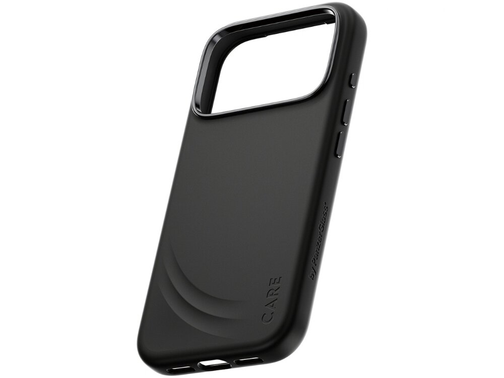 Czarne etui z dużym otworem na aparat, posiada napisy \'CARE\' i \'by PanzerGlass\'.
