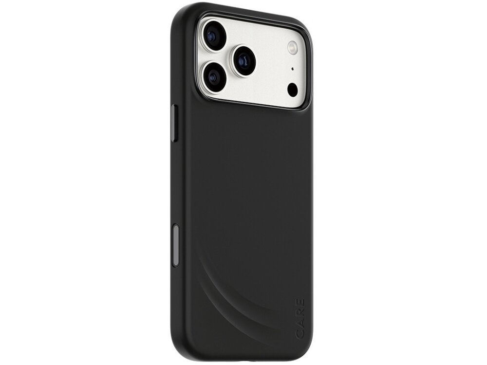 Czarne etui na telefon z trzema widocznymi obiektywami aparatu i napisem \'CARE\' na dole. Etui ma gładką powierzchnię z delikatnym wzorem w dolnej części.