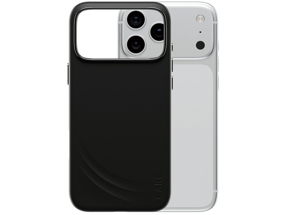 Czarne etui z dużym wycięciem na aparat, widoczne na tle srebrnego telefonu z trzema obiektywami. Na etui znajduje się napis \'CARE\'.
