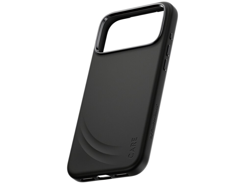 Czarne etui z wycięciem na aparat, posiada napisy \'CARE\' i \'by PanzerGlass\'.