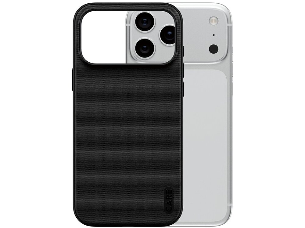 Czarne etui z teksturą, z dużym wycięciem na aparat, umieszczone na białym telefonie z trzema obiektywami. Na etui widoczny jest napis \'CARE\'.