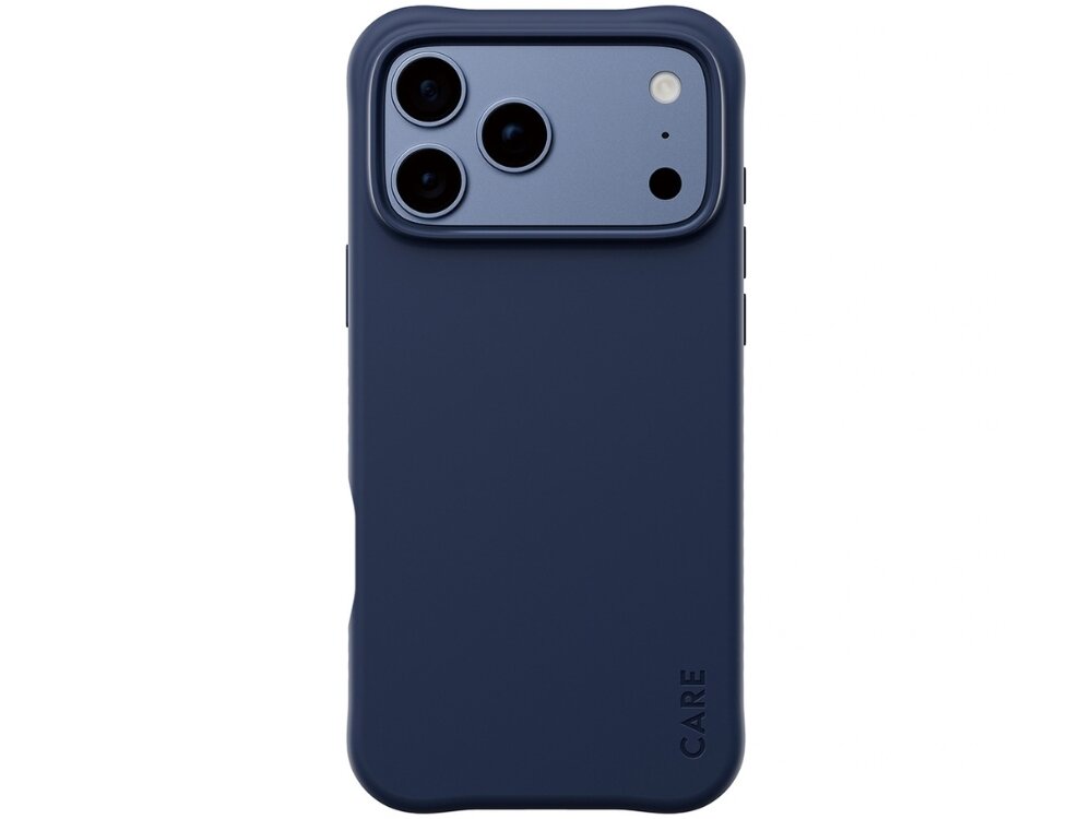 Granatowe etui na telefon z trzema widocznymi obiektywami aparatu i napisem \'CARE\' na dole. Etui ma gładką powierzchnię i zaokrąglone krawędzie.
