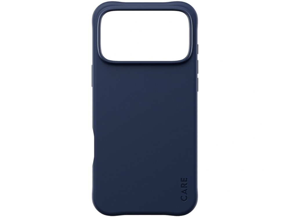 Granatowe etui na telefon z dużym otworem na aparat i napisem \'CARE\' w dolnej części.