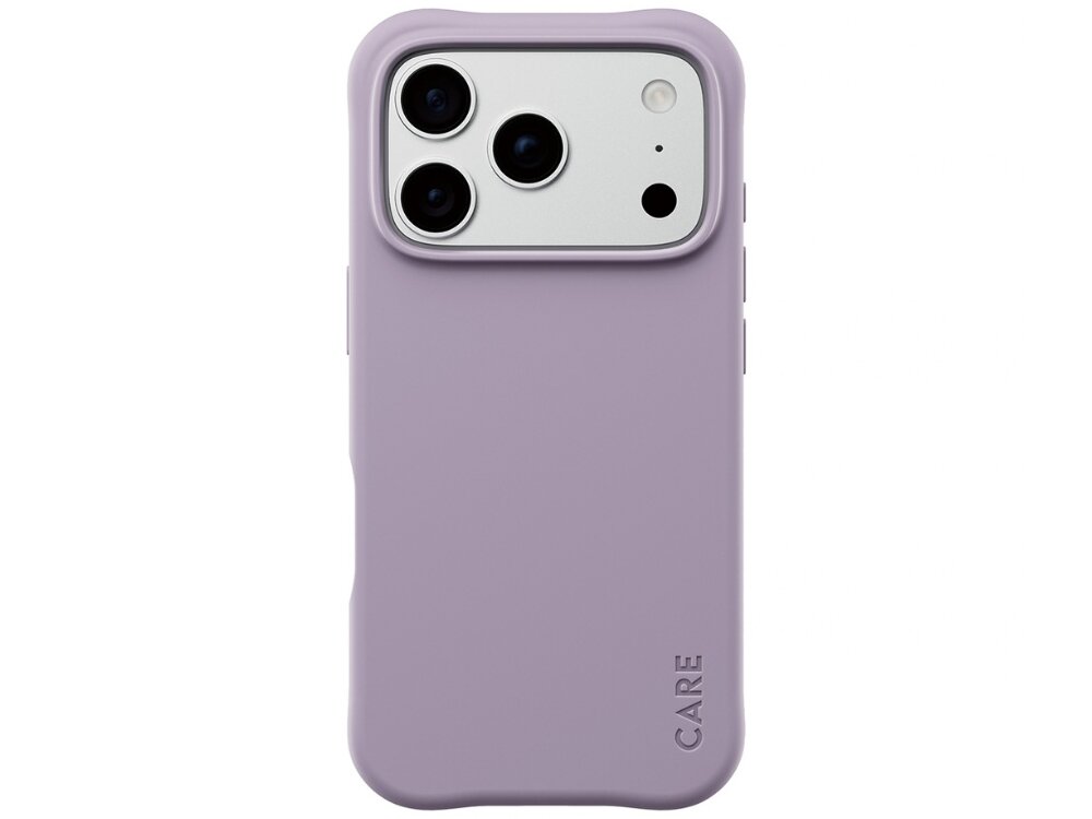 Lawendowe etui na telefon z trzema widocznymi obiektywami aparatu i napisem \'CARE\' w dolnej części. Etui ma gładką powierzchnię i zaokrąglone krawędzie.