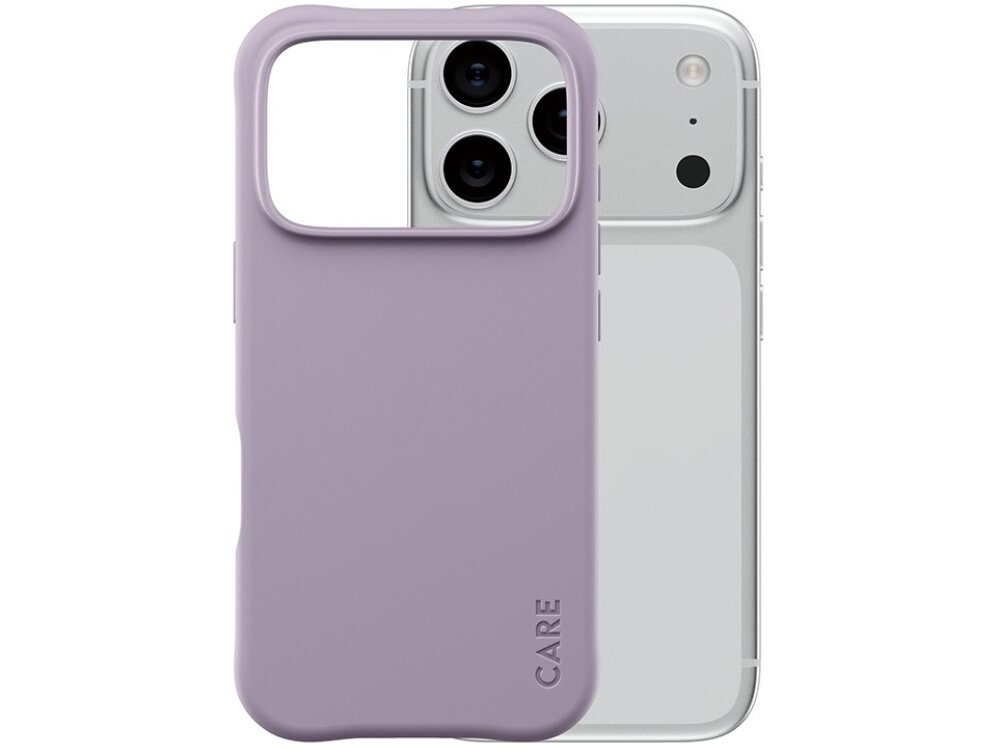 Lawendowe etui na telefon z dużym wycięciem na aparat, obok którego widoczny jest napis \'CARE\'.
