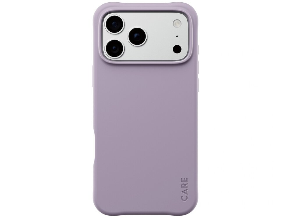Lawendowe etui na telefon z trzema otworami na aparaty i napisem \'CARE\' w dolnej części.