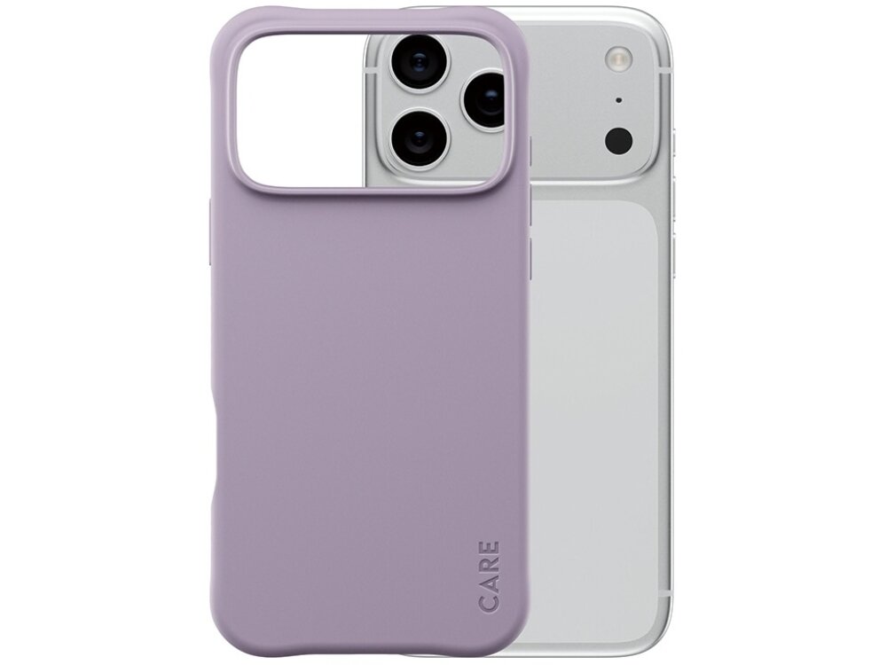 Lawendowe etui na telefon z dużym wycięciem na aparat, obok którego widoczny jest napis \'CARE\'.