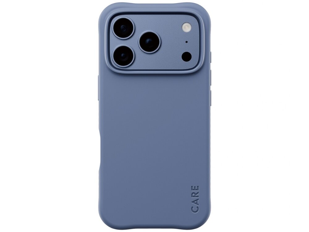 Niebieskie etui na telefon z trzema otworami na aparaty i napisem \'CARE\' w dolnej części. Etui ma gładką powierzchnię i zaokrąglone krawędzie.