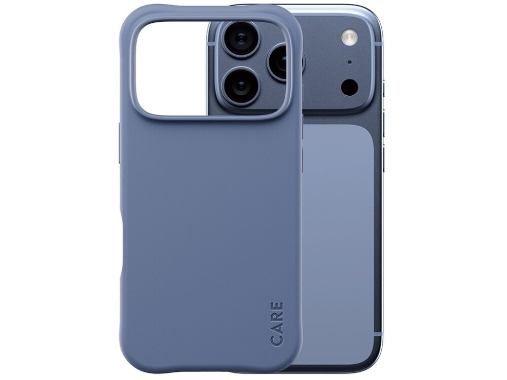 Niebieskie etui z napisem \'CARE\' na telefon z trzema obiektywami aparatu. Etui jest dopasowane do kształtu telefonu, z wycięciem na aparat.