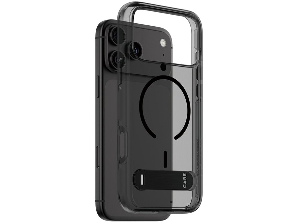 Przezroczyste etui z ciemnym odcieniem, posiada okrągły wzór i napis \'CARE\' na dolnej części. Etui jest dopasowane do telefonu z trzema widocznymi obiektywami aparatu.