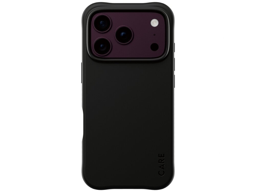 Czarne etui na telefon z trzema widocznymi obiektywami aparatu i napisem \'CARE\' w dolnej części. Etui ma gładką powierzchnię i zaokrąglone krawędzie.