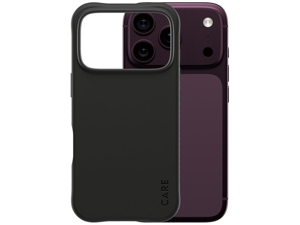 Czarne etui z napisem \'CARE\' na dole, obok widoczny jest telefon z trzema obiektywami aparatu i ciemnofioletową obudową.