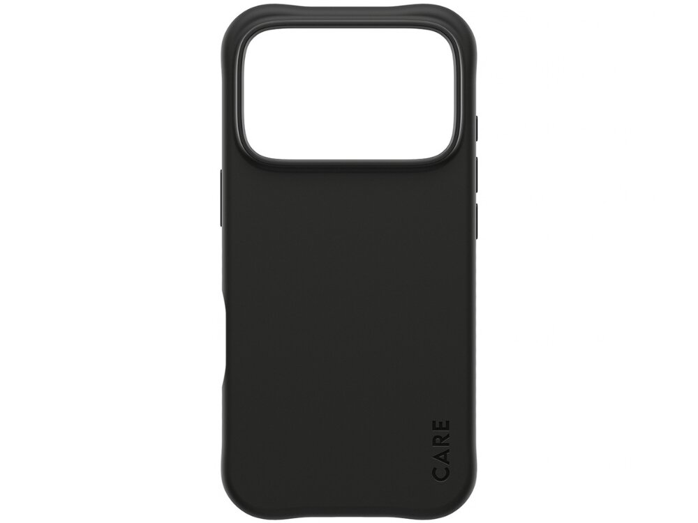 Czarne etui na telefon z dużym otworem na aparat i napisem \'CARE\' w dolnej części. Etui ma gładką powierzchnię i wyprofilowane przyciski boczne.