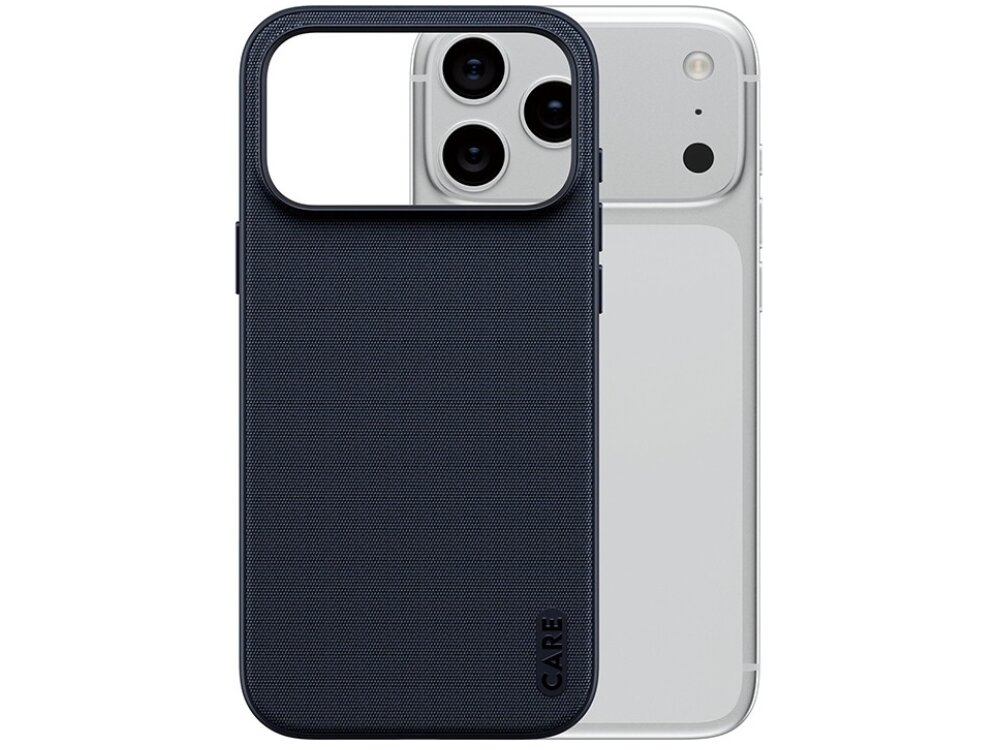 Niebieskie etui na telefon z dużym wycięciem na aparat i napisem \'CARE\' w dolnym rogu. W tle widoczny jest telefon z trzema obiektywami aparatu.